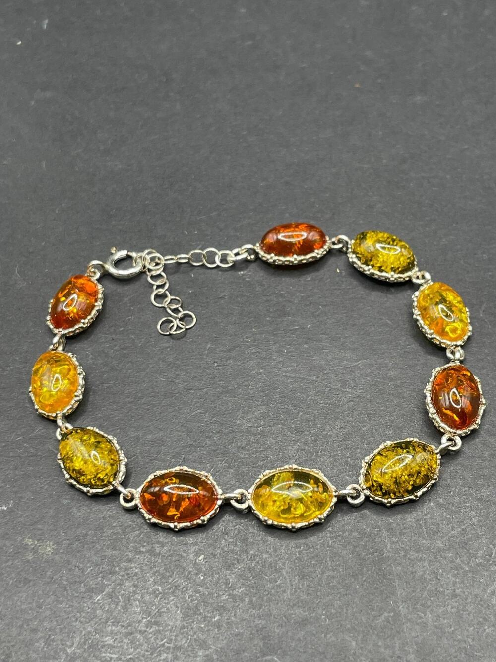 925 Sterling Silver Amber Bracelet Multi Color Oval Gemstone Link Jewelry